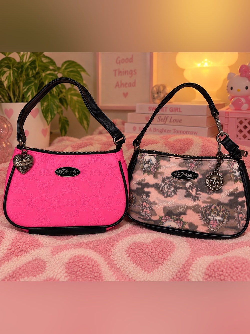 Ed Hardy Pink & Black Tattoo-Print Small Shoulder Bag Duo bundle